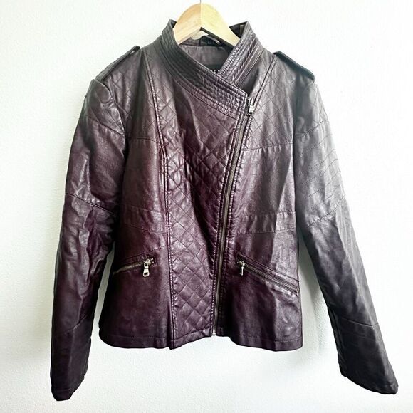 GUESS | Brown Dark Cherry Purple Moto Quilted Leather Jacket | Size XL - Picture 1 of 11